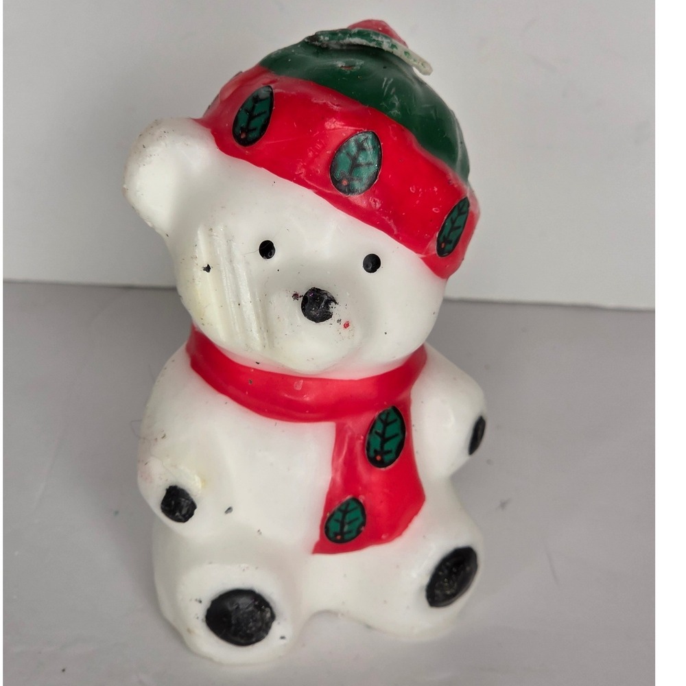Vintage Christmas Polar Bear Candle Red Green Winter Hat Scarf Holiday Decor